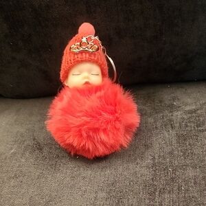 Cute Red Pom Pom Keychain with Baby Doll